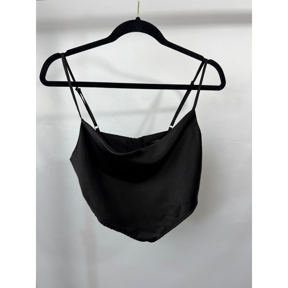Forever 21 Womens Black Satin Cowl Neck Handkerchief Hem Cami Crop Top Size M